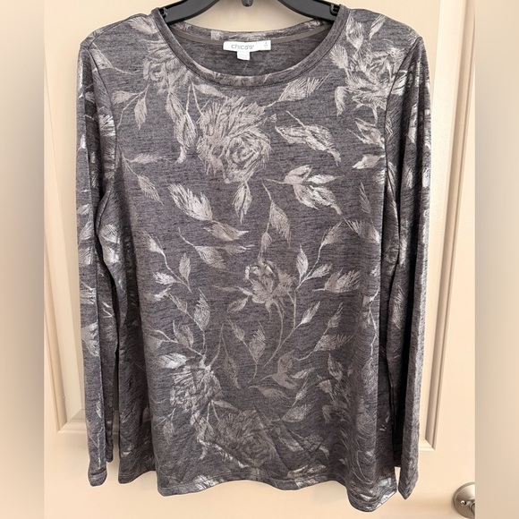 NWT Chico’s Metallic Layering Tee. Charcoal/Silver. Chicos size 2 (12-14). - Picture 2 of 5